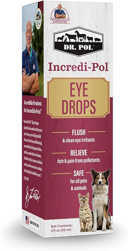 Dr. Pol Incredi-Pol Eye Drops for Dogs, Cats, and All Animals - Dog Eye Drops to Flush and Clean Away Eye Irritants - Gentle Care and Soothing Relief for Eye Discomfort - 3 Fluid Ounces-PurrikoPets