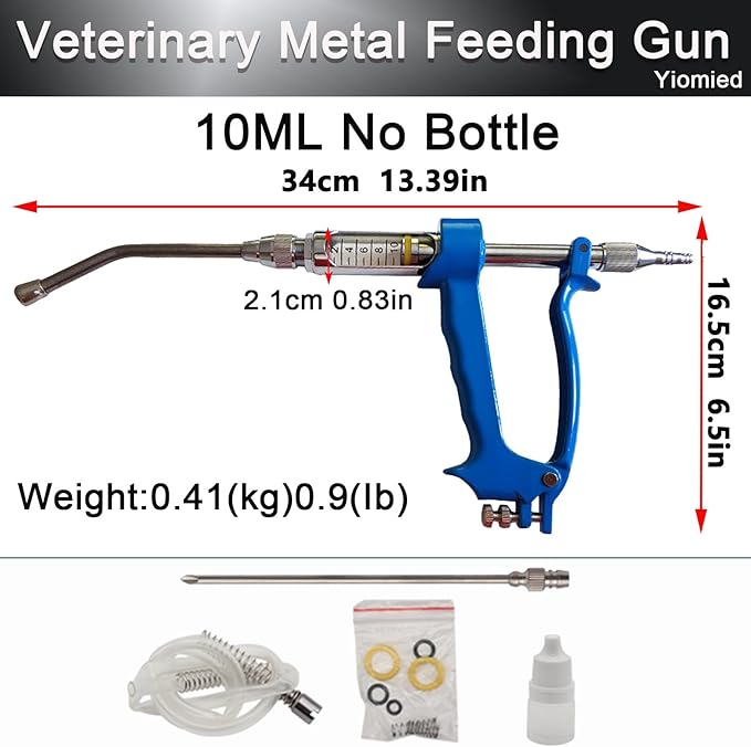 10ML Veterinary Metal Feeding Gun, Continuous Drench Gun Dosing Device Veterinary Adjustable Medicine Dispenser Husbandry Autonomous Feeding Tool, for Pig Cow, Sheep, Horse (Blue, 10ML No Bottle)-PurrikoPets