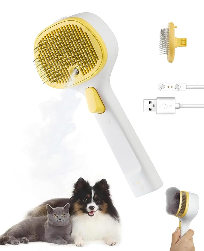 FURGO 3-in-1 Pet Steam Brush for Dogs & Cats – Reduces Static, Long-Pin Head for Long Hair, One-Click Release Button, Dog Spray Brush for Shedding Control (Long)-PurrikoPets