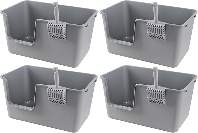 4 Packs Large Cat Litter Box with High Sides, Grey Open Top Cat Litter Basin-PurrikoPets