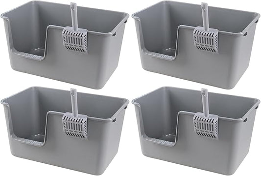4 Packs Large Cat Litter Box with High Sides, Grey Open Top Cat Litter Basin-PurrikoPets