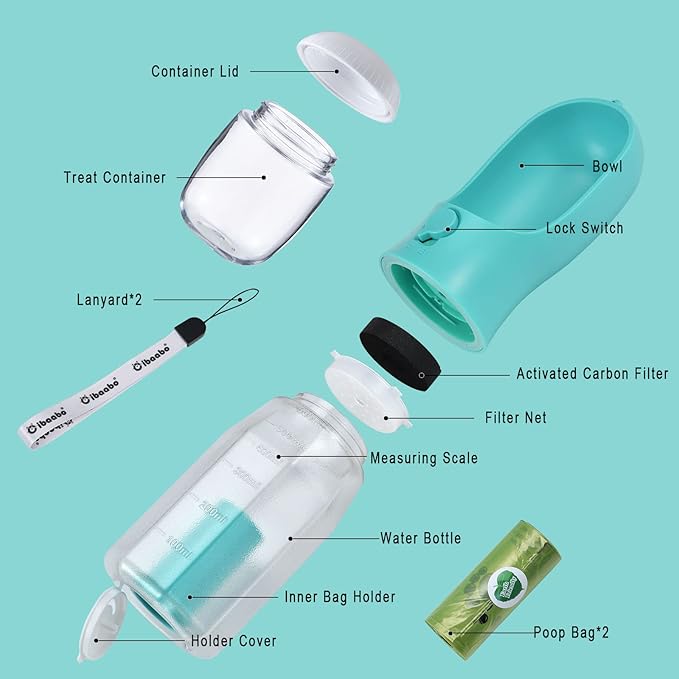 Dog Water Bottle with Food Container & Poop Bag Holder, Travel Water Bowl, Portable Pet Dispenser, Dog Stuff Accessories Items, Puppy Essentials Necessities for Yorkie Chihuahua Walking Hiking-PurrikoPets