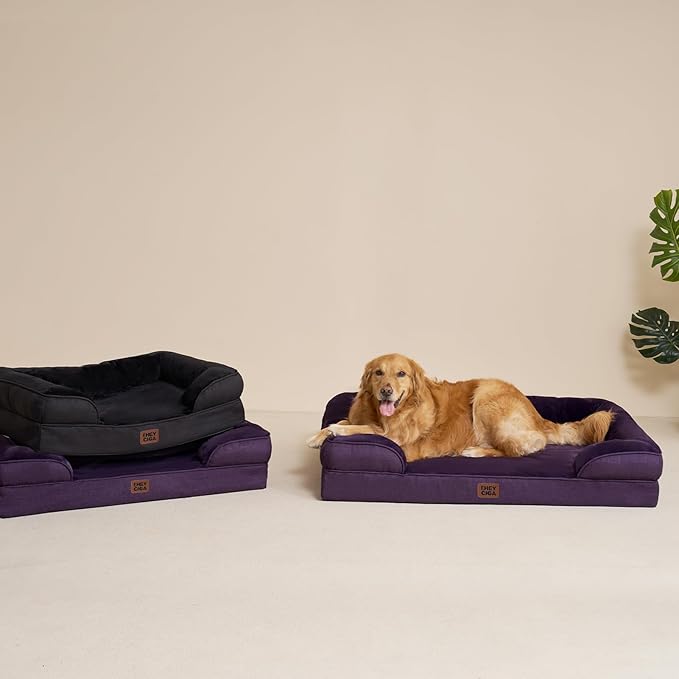 EHEYCIGA Orthopedic Dog Beds for Extra Large Dogs, Waterproof Memory Foam XXL Dog Bed with Sides, Non-Slip Bottom and Egg-Crate Foam Big Pet Couch Bed with Washable Removable Cover, Purple-PurrikoPets
