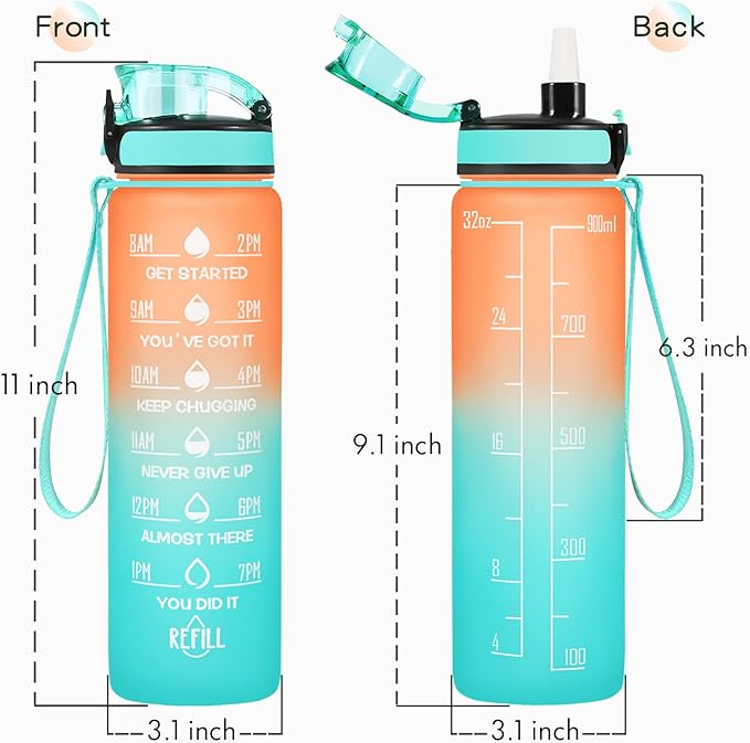 Enerbone Water Bottle, Leakproof BPA & Toxic Free, Motivational Water Bottle with Times to Drink and Straw, Fitness Sports Water Bottle with Strap for Office, Gym, Outdoor Sports-PurrikoPets