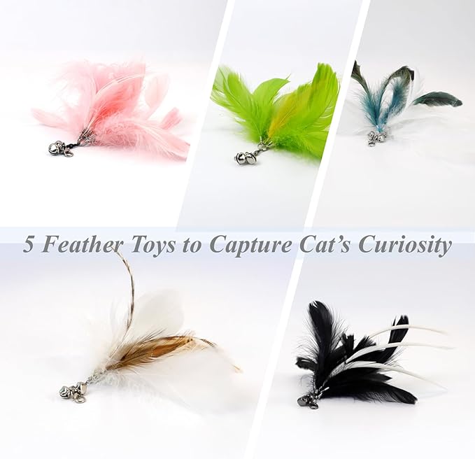 12PCS Interactive Cat Feather Wand Toy Set – 11 Bird & Feather Teaser Refills with Bells + Flexible Suction Cup Wand – Realistic Bird Design, Natural Materials, Indoor Cat Toys for Exercise & Play-PurrikoPets