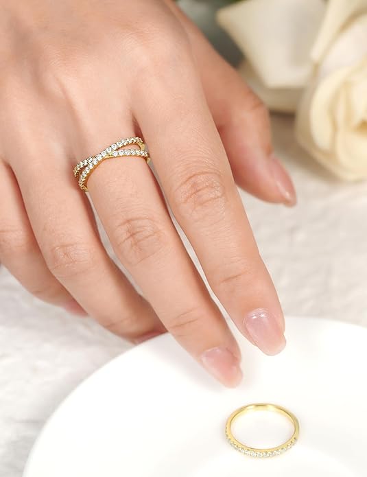 IMOLOVE Moissanite Eternity Ring, Criss Cross Wedding Bands for Women - Sterling Silver Stackable Rings Size 4-11