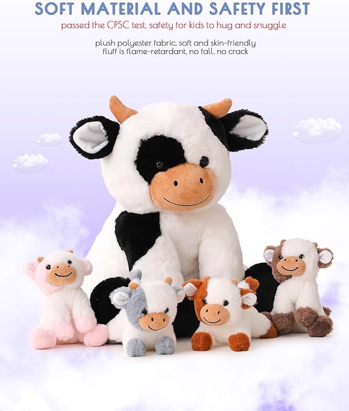 5 Pieces Cow Stuffed Animals for Boys Girls, 1 Mommy Cow with 4 Babies Soft Plush Toy Set Gifts for Kids Children 3 4 5 6 7 8 9 Years, Christmas, Birthday, Party Decorations-PurrikoPets