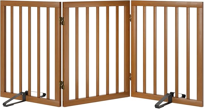 Freestanding Pet Gate Foldable Dog Gate (55 inches Wide) Walnut Bamboo Dog Gates for Stairs Doorways House (2 Support Feet Included)-PurrikoPets