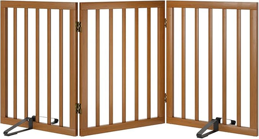 Freestanding Pet Gate Foldable Dog Gate (55 inches Wide) Walnut Bamboo Dog Gates for Stairs Doorways House (2 Support Feet Included)-PurrikoPets