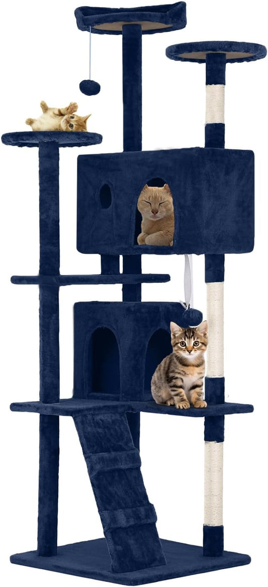 54.7 inches Cat Tower - Multi-Level Cat Condo with Scratching Posts, Hanging Toys, Navy Blue-PurrikoPets