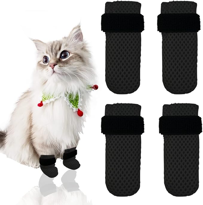 4 PCS Cat Mittens to Prevent Scratching,Mesh Breathable Cat Shoes,Adjustable Cats Anti Scratch Gloves,Suitable for Cats When Bathing and Nail Trimming(M,Black)-PurrikoPets
