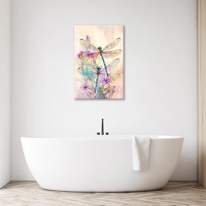 Dragonfly Bathroom Pictures Wall Art, Floral Bathroom Wall Decor, Framed Painting Canvas Artwork for Bedroom Living Room Decorations 24"L x 16"W-PurrikoPets