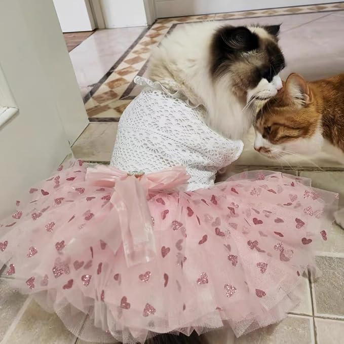 Dog Princess Dress with Heart Patterns & Bow Puppy Clothes for Small Dogs Girl Fancy Cat Birthday Outfit Pet Wedding Dresses(Pink White, Large)-PurrikoPets