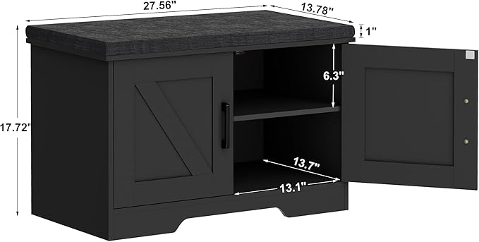 2-Tier Storage Bench, Shoe Bench with Padded Seat Cushion, Entryway Bench with 2 Barn Doors, Adjustable Shelf, 13.8" D x 27.6" W x 17.7" H, for Entryway, Living Room, Bedroom, Black-PurrikoPets