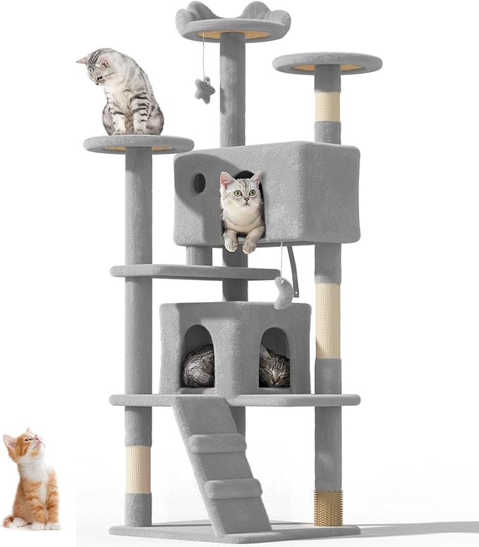 60'' Cat tree Tower for Indoor Cats Large Adult,Cute/Tall Modern Cat Tree for Big Cats 20 lbs,Plush Multi-Level Cat Condo with Scratching Posts,Dangling Ball for fun play(Light Gray, 60 inch)-PurrikoPets
