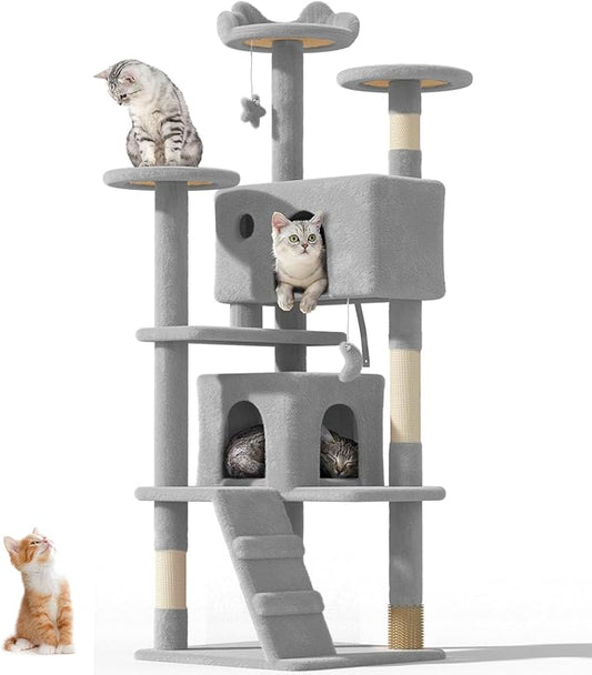 60'' Cat tree Tower for Indoor Cats Large Adult,Cute/Tall Modern Cat Tree for Big Cats 20 lbs,Plush Multi-Level Cat Condo with Scratching Posts,Dangling Ball for fun play(Light Gray, 60 inch)-PurrikoPets