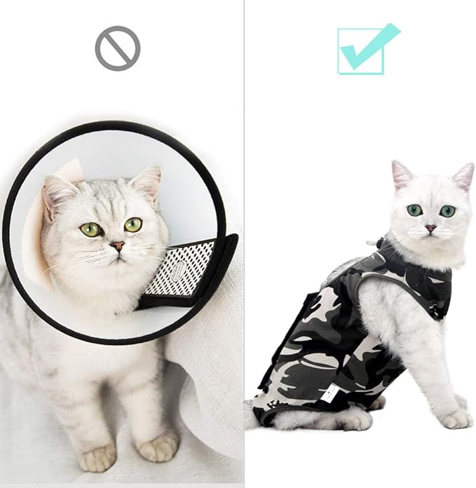 DOTON Cat Recovery Suit for Male and Female Surgical Post Surgery Soft Cone Onesie Shirt Clothes Neuter Licking Protective Diapers Outfit Cover Kitten Spay Collar(M, Camouflage)-PurrikoPets