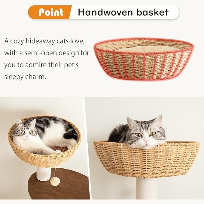 57'' Cat Tower for Large Cats, Manual Hand Woven Modern Multi-Level Condo with Natural Wood, Cat Activity Centre for Medium and Big Pets-PurrikoPets