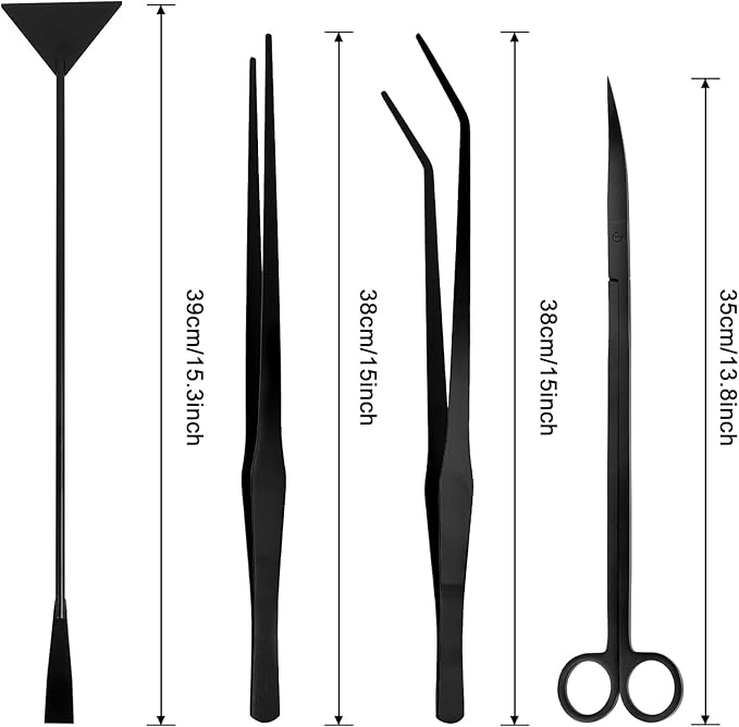 15Inch Extra Long Design Aquarium Aquascaping Tool Stainless Steel Aquascape Tools Kit 4 in 1 Anti-Rust Fish Tank Starter Kit with Long Tweezers Scissors Spatula for Aquarium Plants (Black)-PurrikoPets