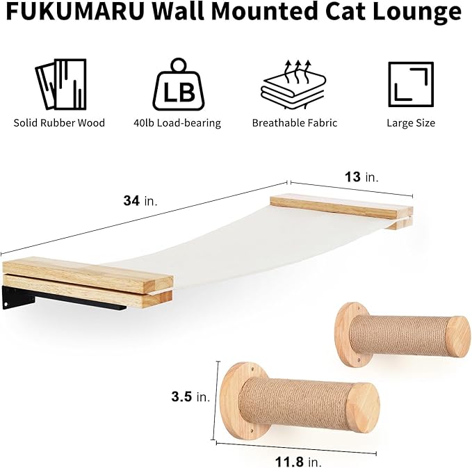 FUKUMARU Cat Wall Furniture, 2 PCS Climbing Shelves Set, Solid Rubber Wood Cat Shelf, Cats Perches for Wall Sleeping, Playing, Jumping and Lounging, 16 inch Drywall Installation-PurrikoPets