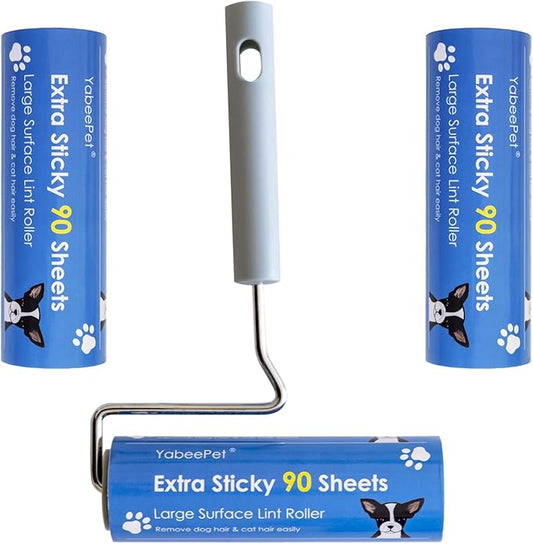 Extreme Sticky Large Surface Lint Roller, 6.3'' Giant Pet Hair Remover Roller for Pet Dog Cat Hair, Clothes&Furniture Cleaning, 90 Sheets (1 Roller + 2 Refills)-PurrikoPets