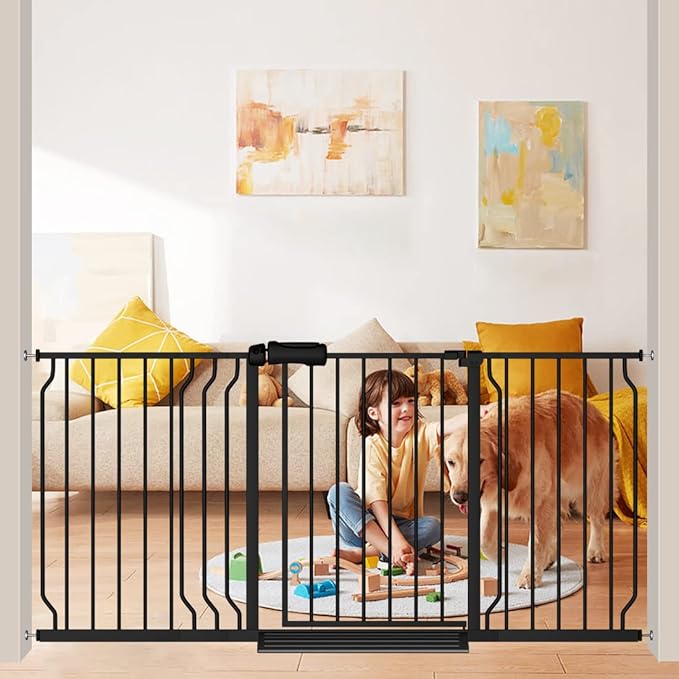 Extra Wide Baby Gate Black 62-67 Inch Wide Pressure Mounted Auto Close Child Safety Gate Long Dog Gate for House Doorways-PurrikoPets