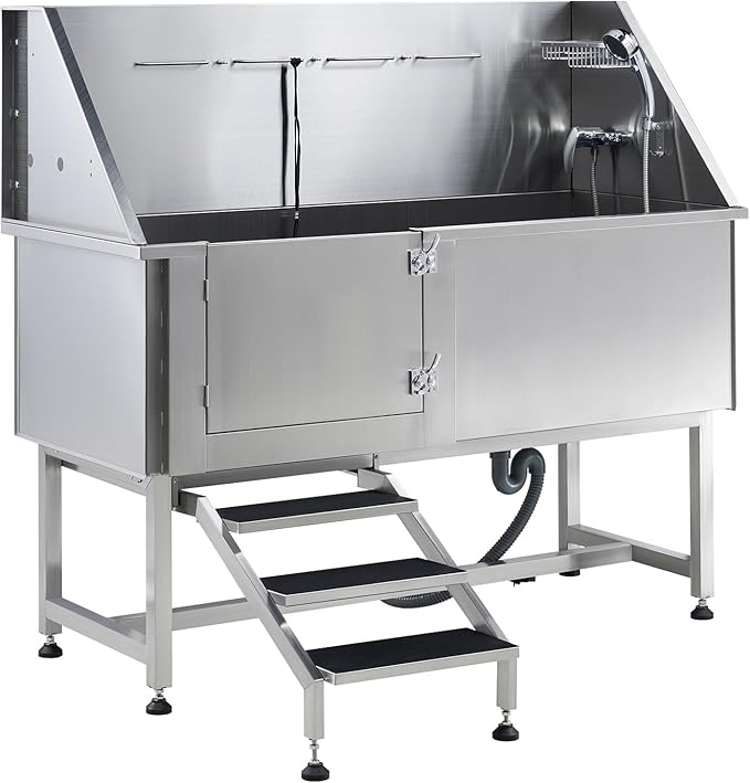 Albott 60 Inch Stainless Steel Dog Washing Station with Anti-Slip Steps, Sprayer, Faucet, Soap Box, Tow Rope – Professional Pet Bathtub for Large Pets, Ideal for Home, Garage, and Grooming(Left)-PurrikoPets