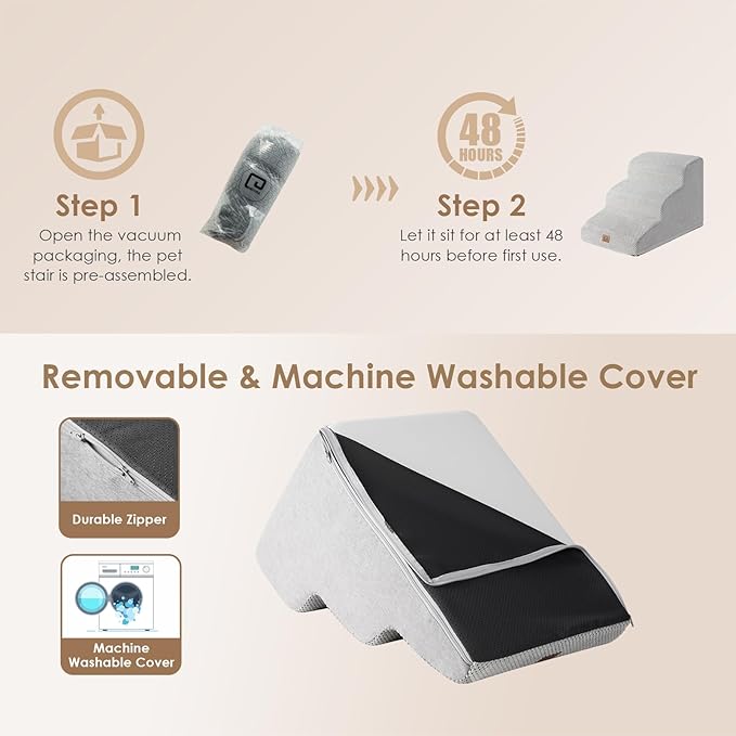 EHEYCIGA Curved Dog Stairs Ramp for Small Dogs 15.7" H, 3-Step Dog Steps for Couch Sofa and Chair, Pet Stairs for Cats, Non-Slip Balanced Pet Steps Indoor, Light Grey-PurrikoPets