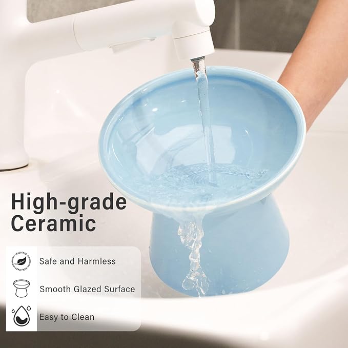 Extra Wide Elevated Ceramic Cat Bowl, 6.2" Shallow Dish for Whisker Fatigue Relief, 5" Height for Easy Feeding, Durable Raised Cat Food Bowls, Pack of 2, Blue-PurrikoPets