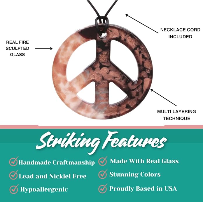 BESHEEK Murano Inspired Peace Sign Blown Glass Lampwork Art Pendant Necklace for Women Handcrafted Artisan Hypoallergenic Italian Style Jewelry