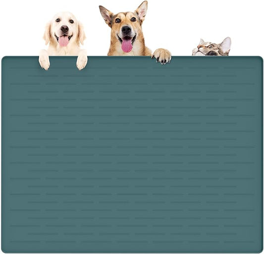 39.4"x29.5" Large Pet Food Mat, Silicone Dog Mats for Food and Water, Nonslip Pet Feeding Mats for Floors,Dog Cat Bowl Mat with Raised Edges, Dark Green-PurrikoPets