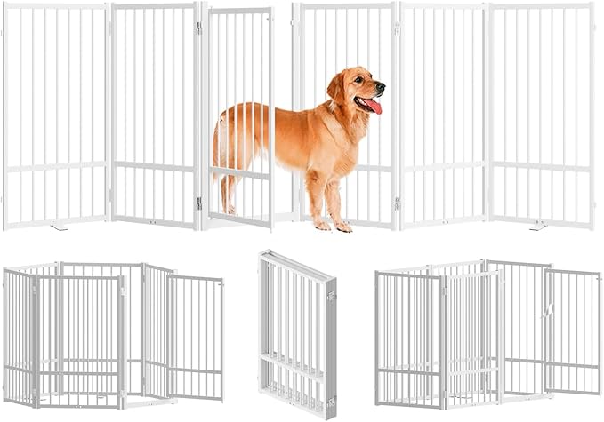 Full Metal Freestanding Dog Gate with Door, 32''Height Foldable Pet Dog Fence for Indoor & Outdoor, 6 Panels Extra Wide Free Standing TallDog Gates for Doorways,House,Stairs,Porch,Deck,Yard-PurrikoPets