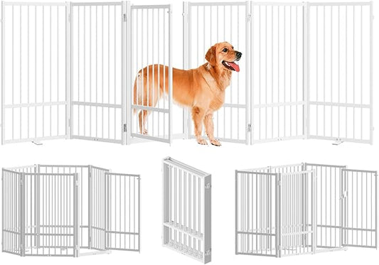 Full Metal Freestanding Dog Gate with Door, 32''Height Foldable Pet Dog Fence for Indoor & Outdoor, 6 Panels Extra Wide Free Standing TallDog Gates for Doorways,House,Stairs,Porch,Deck,Yard-PurrikoPets