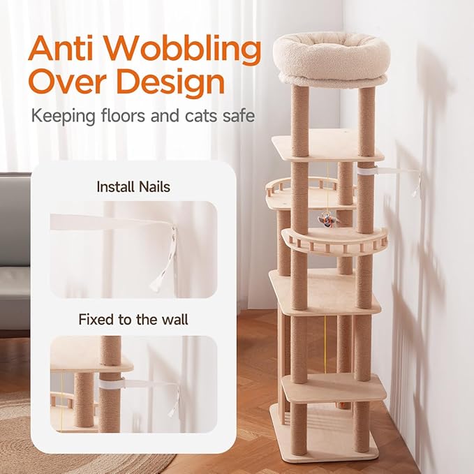 68" Large Cat Tree, Solid Wood Multi-Level Cat Tower with Scratching Posts, Fun Toys, and Washable Plush Platform for Indoor Cats-PurrikoPets