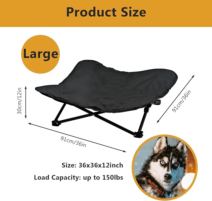 Elevated Dog Bed, Portable Raised Pet Cot for Outdoor and Indoor Folding Dog Cot Bed with Padded Filling Carrying Bag Included Pet Raised Travel Lounger for Camping Traveling (36x36x12inch)-PurrikoPets