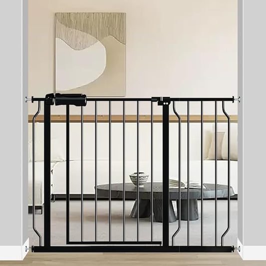 Fairy Baby Walk Through Baby Gate 38.5-43.5 Inch Wide, Pressure Mounted Safety Gate with Door No Drill, Black Tension Metal Gate for Dog and Toddler-PurrikoPets