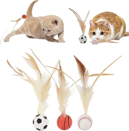 2025 New Interactive Cat Feather Ball Toy Set - Elastic Bouncy Cat Toys with Feather Tails, Silicone Rolling Balls for Indoor Cats & Kitten Exercise, Safe & Fun Play (1 Set)-PurrikoPets