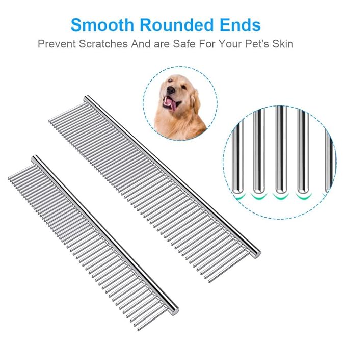 2 Pack Dog Combs with Rounded Ends Stainless Steel Teeth, Cat Comb for Removing Tangles and Knots, Professional Grooming Tool for Long and Short Haired Dog, Cat and other pets, 6.3IN/7.4IN-PurrikoPets