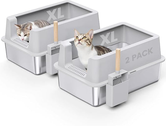 2 Pack Stainless Steel Cat Litter Box - Enclosed XL Metal Kitty Litter Box with Lid for Big Cats, High Sided, Anti-Leakage, Easy Cleaning, Non-Sticky, Included Cat Litter Spoon-PurrikoPets