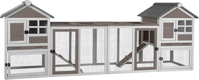 Aivituvin Large Rabbit Hutch Indoor Bunny Cage Outdoor with Run Chicken Coop Guinea Pig House with Waterproof Asphalt Roof,No Leakage Pull Out Tray (103.2" L x 25.2" W x 36.2" H,Brown-2 Sets)-PurrikoPets