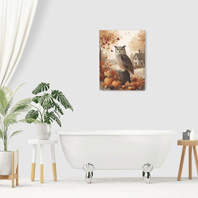 Fall Owl Wall Art Autumn Pumpkin Leaves Wall Decor Rustic Canvas Print Farmhouse Pictures Painting Print Framed Artwork Decorations Gifts for Living Room Bathroom Bedroom Office 12"x16"-PurrikoPets