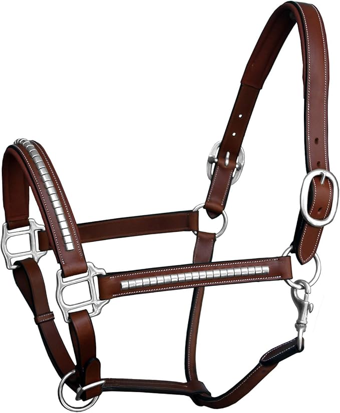Exion Leather Horse Halter with Padding & Clincher Studs – Adjustable Quick‑Release Crownpiece Halter for Horses – Vegetable‑Tanned Leather in Black & Brown – Cob, Full & Oversize-PurrikoPets