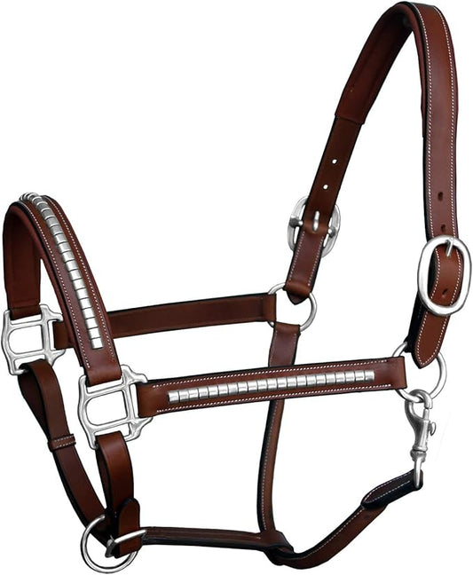 Exion Leather Horse Halter with Padding & Clincher Studs – Adjustable Quick‑Release Crownpiece Halter for Horses – Vegetable‑Tanned Leather in Black & Brown – Cob, Full & Oversize-PurrikoPets