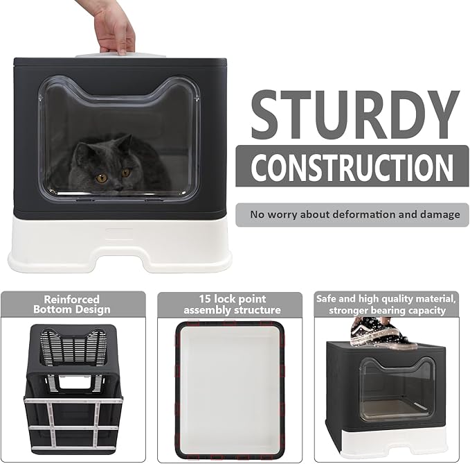Foldable Cat Litter Box with Lid, Enclosed Potty, Large Top Entry Anti-Splashing Toilet, Easy to Clean Including Litter Scoop and 2-in-1 Cleaning Brush (Black)-PurrikoPets