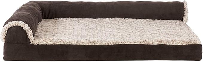 Furhaven Cooling Gel Dog Bed for Medium/Small Dogs w/ Removable Bolsters & Washable Cover, For Dogs Up to 35 lbs - Two-Tone Plush Faux Fur & Suede L Shaped Chaise - Espresso, Medium-PurrikoPets