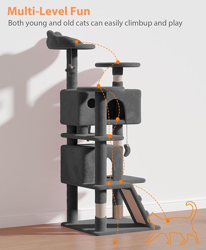 54" Cat Tree Tower for Indoor Cats Large Adult,Cute/Tall Modern Cat Tree for Big Cats 20 lbs, Plush Multi-Level Cat Condo with Scratching Posts,Hammock, Dangling Ball (Smoky Gray, 54 inch)-PurrikoPets