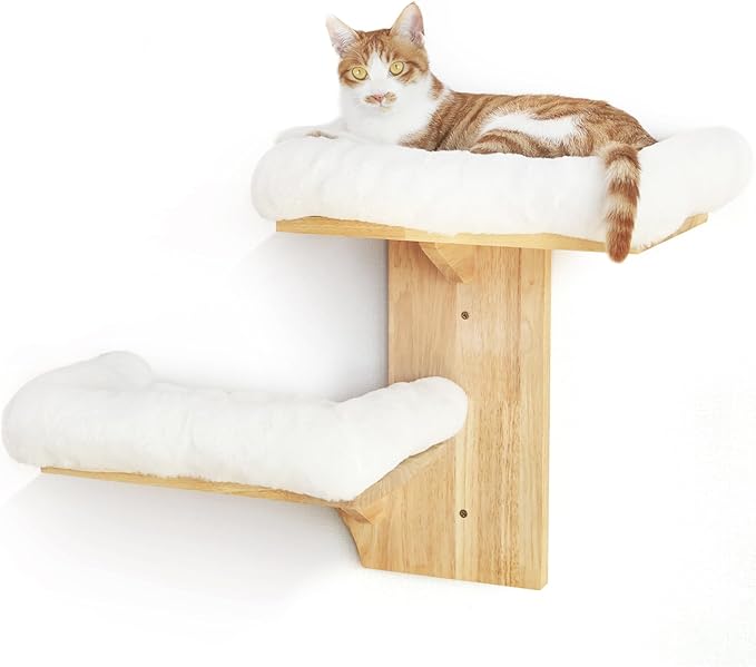 FUKUMARU Cat Wall Shelves, 2 Platform Cats Walls Furniture, Tree Shape Kitten Floating Shelf with Soft Cushion Perch, Solid Rubber Wood for 16 Inch Drywall, Suitable for Climb, Play, Nap-PurrikoPets