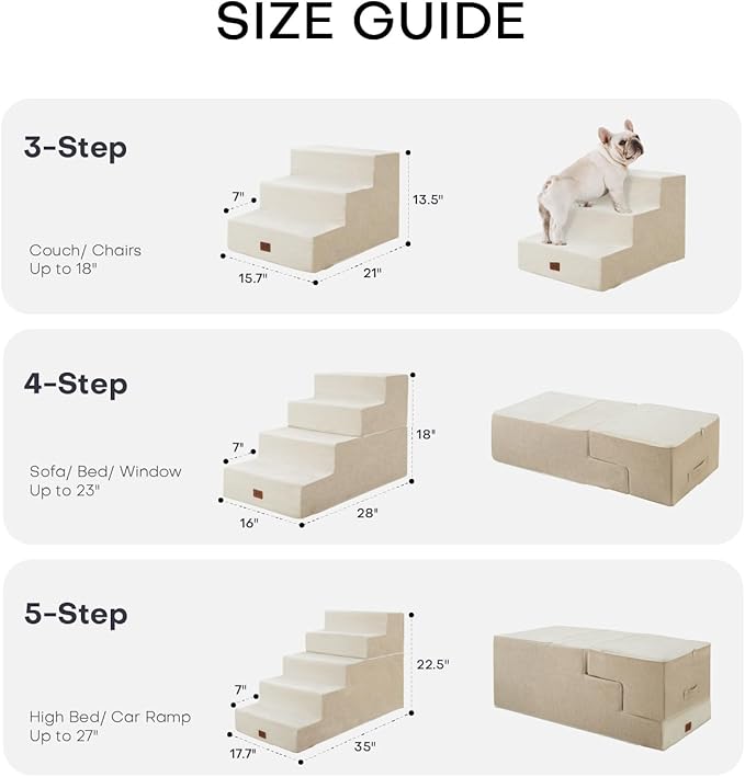 Dog Stairs for High Bed, Dog Steps for Bed Couch Sofa, 35D Foam Extra Wide Pet Steps for Small Dogs and Cats, Pet Stairs with Non-Slip Bottom Beige, 5 Steps-PurrikoPets