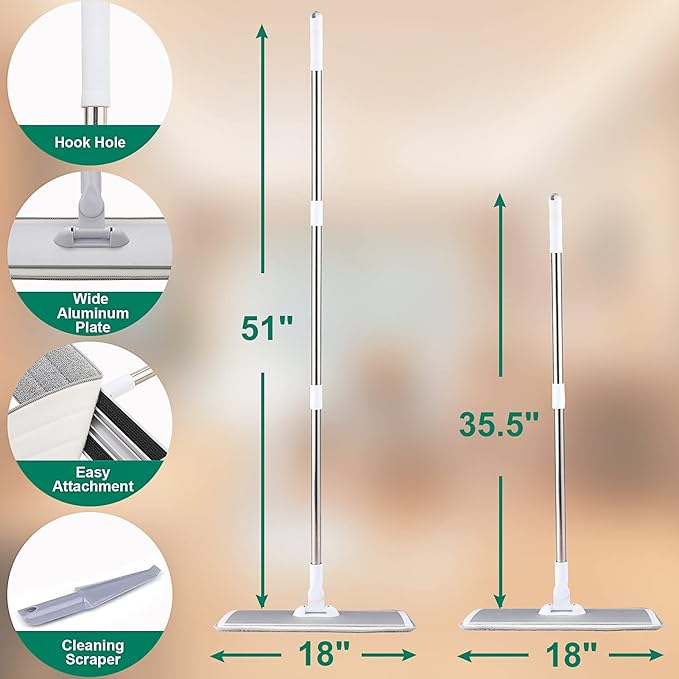 18" Professional Microfiber Mop Floor Cleaning System, Flat Mops with Stainless Steel Handle, 4 Reusable Washable Mop Pads, Wet and Dust Mopping for Hardwood, Vinyl, Laminate (White&Grey)-PurrikoPets
