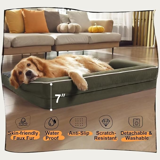 Extra Large Dog Bed-Orthopedic Waterproof XL Dog Bed for XLarge Extra Big Dogs - Foam Couch Sofa Washable with Removable Cover-Dark Green-PurrikoPets